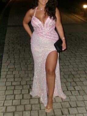 Portia and Scarlett Pink Glitter Plunge Halter Prom Dress with Thigh Slit
